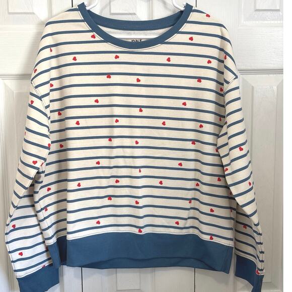 Pact Organic NWT Striped Scattered Hearts Fleece Lined Slouchy Sweatshirt Large - Picture 1 of 6